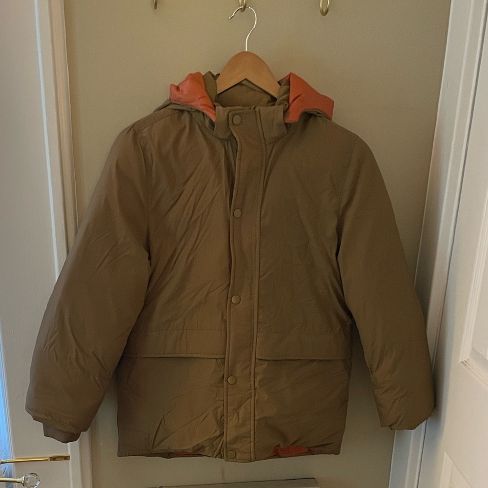 NWOT H&M Kids Brown Puffer Jacket with Orange Hood Size 10